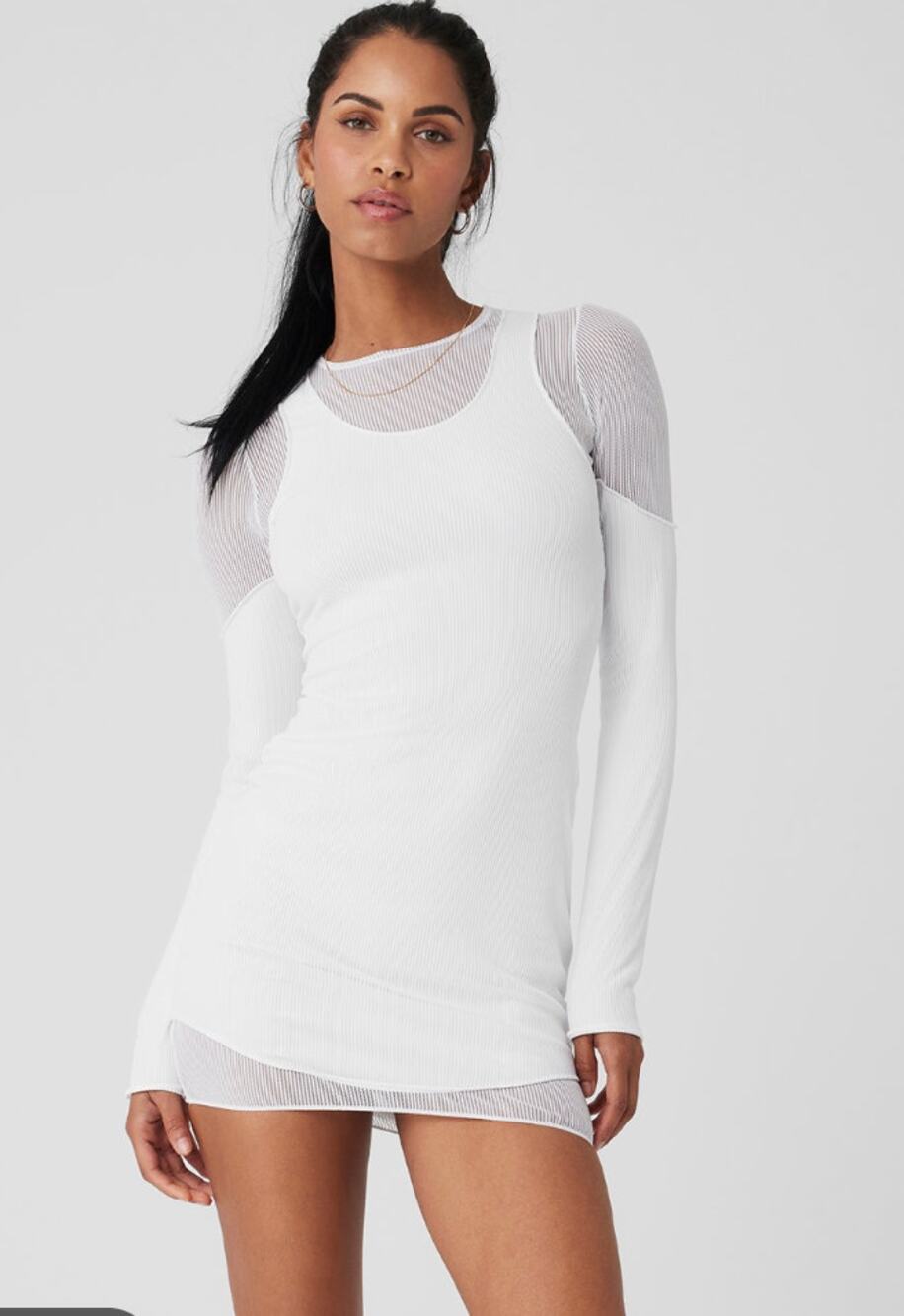 Alo Yoga Dress XS Striped Mesh Synergy Long Sleeve in White Mini White Bodycon